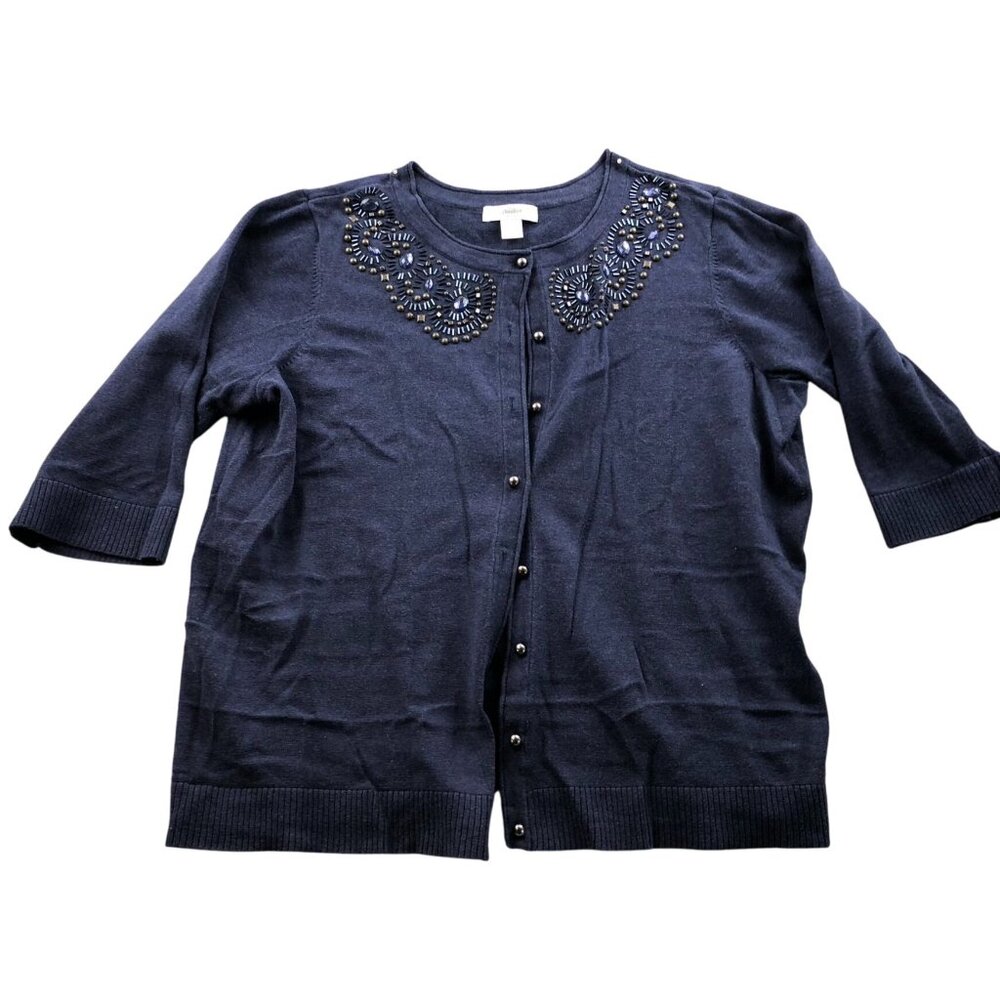 CJ Banks Womens Cardigan Sweater Size 2X Button Up Embellish Navy Blue Retro